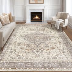 a living room area with couches, chairs and a rug in front of a fireplace