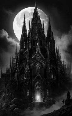 an image of a gothic castle in the sky with a full moon behind it and people standing outside