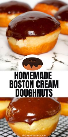 homemade boston cream doughnuts with chocolate frosting on top and the words homemade boston cream doughnuts above them