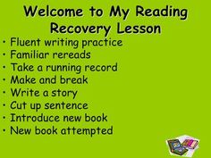 a green book cover with the words welcome to my reading recovery lesson