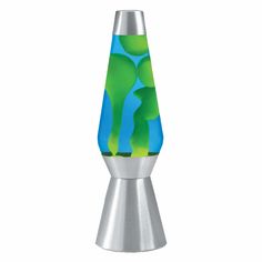 a blue and green vase sitting on top of a metal stand with an abstract design