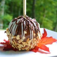 a cake on a stick with nuts and chocolate drizzled over it sitting on a white plate