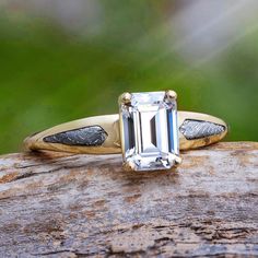 Meteorite Engagement Ring, Meteorite Wedding Band, Emerald Cut Engagement Ring, Gibeon Meteorite, Meteorite Jewelry, Wood Wedding Band, Emerald Cut Engagement, Meteorite Ring, Emerald Engagement Ring Cut