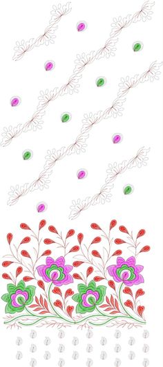 a drawing of flowers and leaves on a white background with red, green, purple, and blue colors