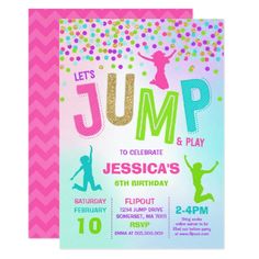 a pink and blue birthday party card with the words jump on it's front