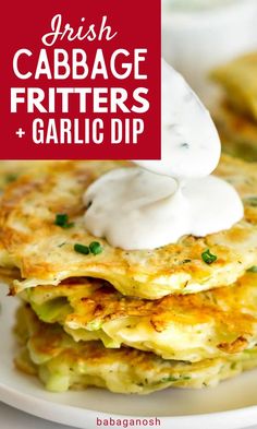 Easy Cabbage Fritters with Garlicky Dip St. Patrick's Day Appetizer. Cabbage And Onion Patties, Recipes Using Cabbage, Finger Foods For A Crowd, Cabbage Patties, Foods For A Crowd, Cabbage Pancakes, Cabbage Fritters, Pork Burgers Recipes, Potato Fritters Recipe