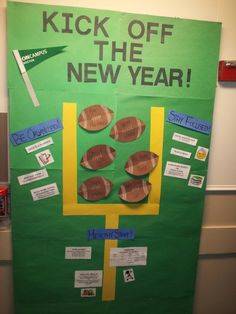 a bulletin board with footballs on it that says kick off the new year,