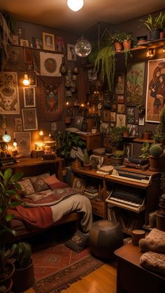 Cozy and Inviting: Bedroom Edition #CozyInteriors Cosy Witchy Bedroom, Calming Bedroom Aesthetic, Tiny Room Ideas Space Saving Bedrooms, Dark Cozy Bedroom Ideas Romantic, Vintage Cottagecore Bedroom, Cozy Vintage Bedroom, Maximalism Bedroom, Bedroom Upgrades, Masculine Bedroom Decor