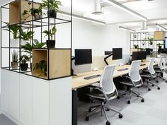 an office cubicle with multiple computers and plants on the desks in front of it