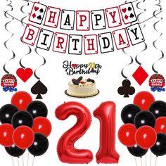 a happy 21st birthday card with balloons and streamers in the shape of numbers, including an ace