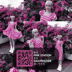 a woman in a pink dress standing next to some bushes and flowers with qr code printed on it