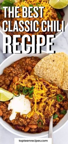 two bowls filled with chili and tortilla chips on top of a white table