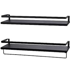 two black shelfs with metal handles on each side