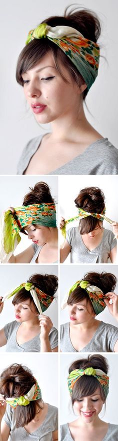 thinking about sewing this onto a headband(bandanas/scarves usually dont fit right on my head) -Head Scarf tutorial Head Scarf Tutorial, Boho Styl, Summer Hair, Short Bob Hairstyles, Vintage Hairstyles