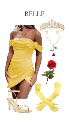 a woman in yellow dress and accessories with text that reads,'belle '