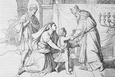 an old black and white drawing of a woman holding the hand of a child