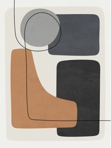 an abstract painting with black, brown and grey shapes on it's sides in white background