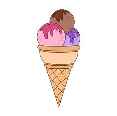 three ice creams in an ice cream cone with chocolate, pink and blue sprinkles