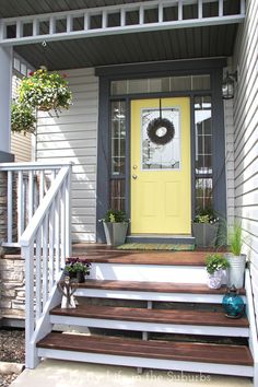 a yellow door with the words win free stuff on it and an image of a house