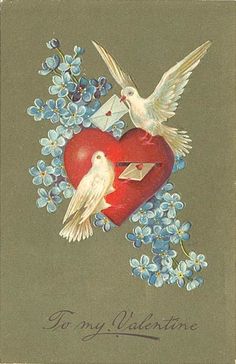 two white birds on top of a red heart with blue flowers and an envelope in the middle