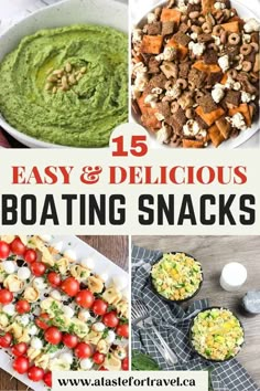 different types of food with text overlay that reads 15 easy and delicious boating snacks