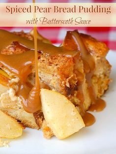 a piece of bread pudding with butterscotch sauce drizzled on top