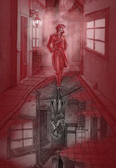 a drawing of a woman in a red suit walking down a hallway with her hand on the ground