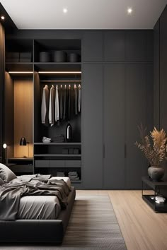 Bedroom in black and grey with built-in storage solutions. Grey Room Ideas Bedroom, Bedroom Wardrobe Design Ideas, Grey Boys Rooms, Men's Bedroom Design, Ideas Armario, Modern Grey Bedroom, Wardrobe Design Ideas