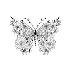 a black and white drawing of a butterfly with flowers on it's back wings