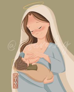 a painting of a woman holding a baby in her arms with the word jesus on it