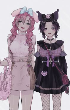 two anime characters are standing next to each other with pink hair and black clothes on