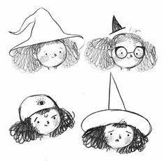 three children's hats with faces drawn in pencil and ink, one is wearing a hat