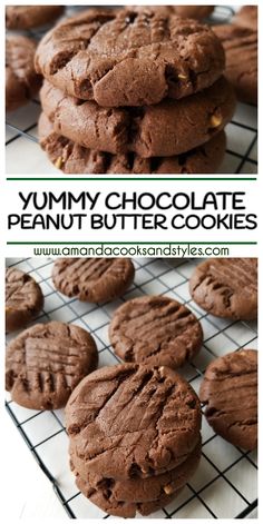 chocolate peanut butter cookies on a cooling rack with the words yummy chocolate peanut butter cookies