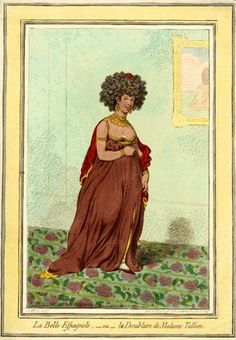 an old fashion illustration of a woman in a red dress with curly hair, sitting on a bed