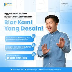 a man is smiling and holding his hands up in front of him with the words, biar kami yang desain