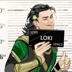 a drawing of a man holding up a sign that says loki in front of him