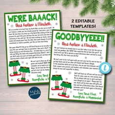 two printable christmas cards with the words, we're back and goodbye