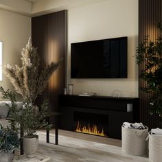 a living room with a large television mounted on the wall and potted plants in front of it