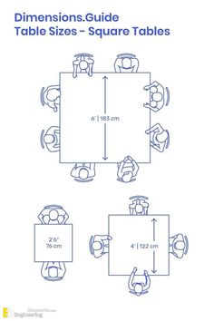 the table sizes guide for tables and chairs with measurements on each side, in blue ink