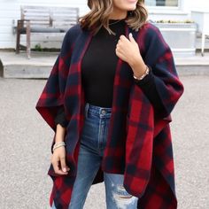 Red And Navy Plaid Poncho 100% Acrylic Price Firm Red Oversized Cape Outerwear, Red Shawl Outerwear For Winter, Red Winter Cape One Size, Casual Plaid Poncho For Winter, Red Long Sleeve Poncho, One Size, Red Oversized Poncho For Winter, Oversized Red Poncho For Winter, Red Cape For Fall Outerwear, Red Cape Outerwear For Fall