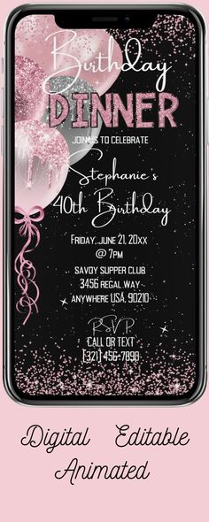 a pink and black birthday dinner party flyer with balloons, streamers and confetti