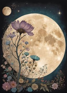 the full moon is shining brightly in the night sky with flowers and plants growing out of it