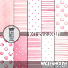 blue watercolor digital papers with white polka dots and stripes on them, all in different sizes