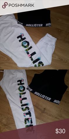 Hollister Outfit Hollister white medium sweatpants with a black medium sleeveless crop. No rips no stains. Pet smoke-free home Hollister Other Hollister Sweatpants, Black Media, Track Pants, A Black, Sweatpants, Track