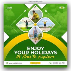 a green and yellow holiday flyer with photos