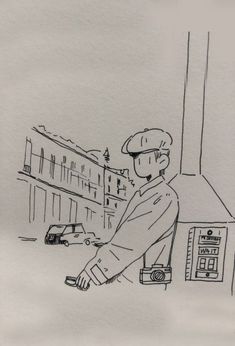 a drawing of a person sitting on a bench in front of a building with a clock