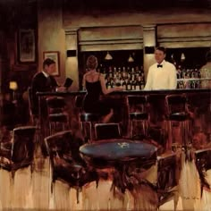 a painting of people sitting at a bar in front of a man standing behind the bar