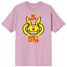 Indulge in the vibrant charm of this men's cradle pink It's Happy Bunny crew neck short sleeve t-shirt, featuring an amusing custom design with Happy Bunny plugging his ears while bold red letters declare, “Be Happy Don't Listen.” Crafted from soft cotton, this officially licensed shirt is a playful addition to your wardrobe. Keep the positivity alive by machine washing this graphic tee on cold with like colors and tumble drying on low heat. Its Happy Bunny, Shore Store, Cutesy Outfit, Happy Bunny, Red Letters, Bunny Shirt, Sleeve Packaging, Pink Men, Business Idea