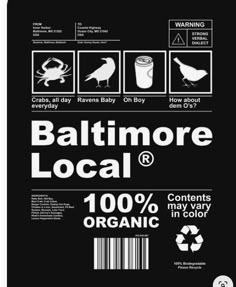 the back side of a black bag with instructions on how to use baltimore local and 100 % organic