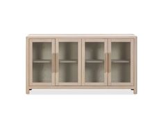 the sideboard with glass doors is shown in light wood and has three shelves on each side